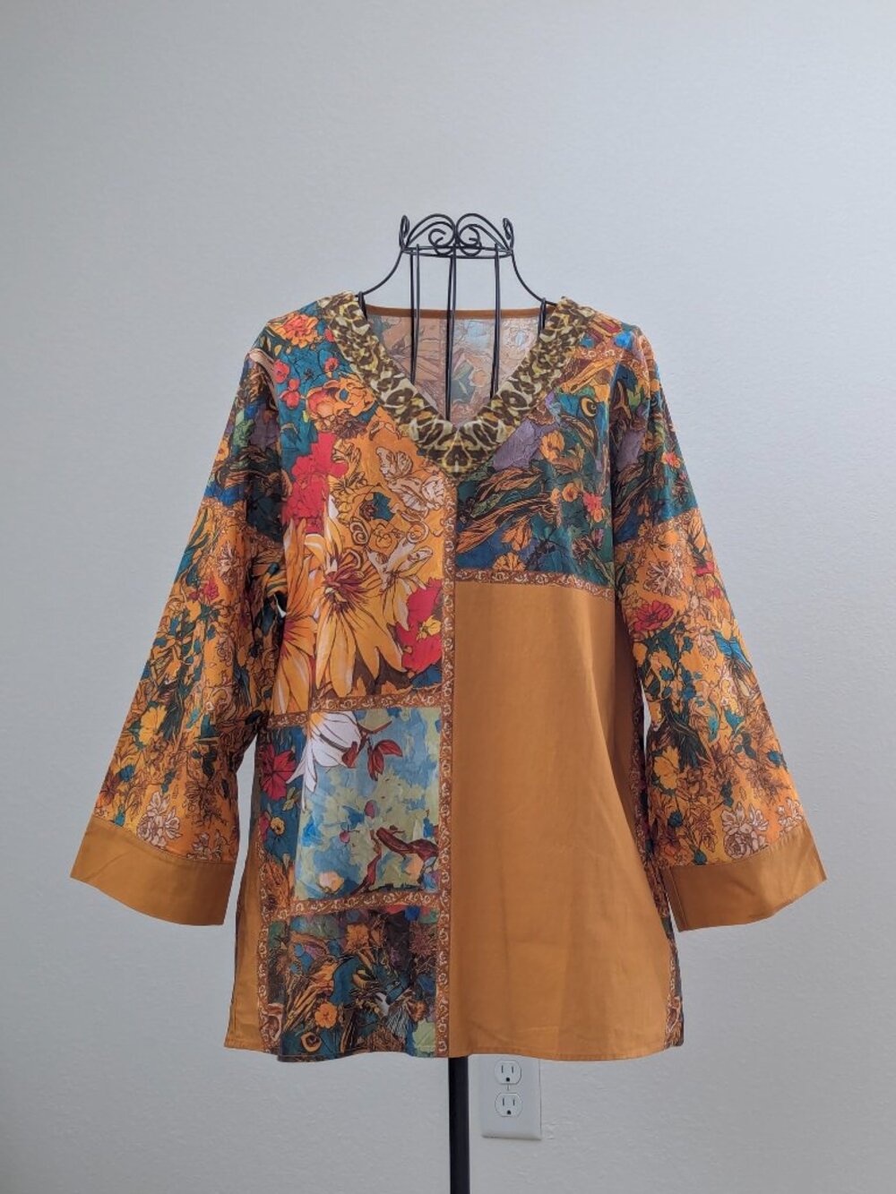 100% Cotton Korean Patchwork Floral Tunic Blouse L Boho Artisan
